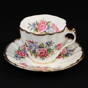 Stanley Bone China England Cup & Saucer Pink Blue Floral Spray Scallop Gold Edge